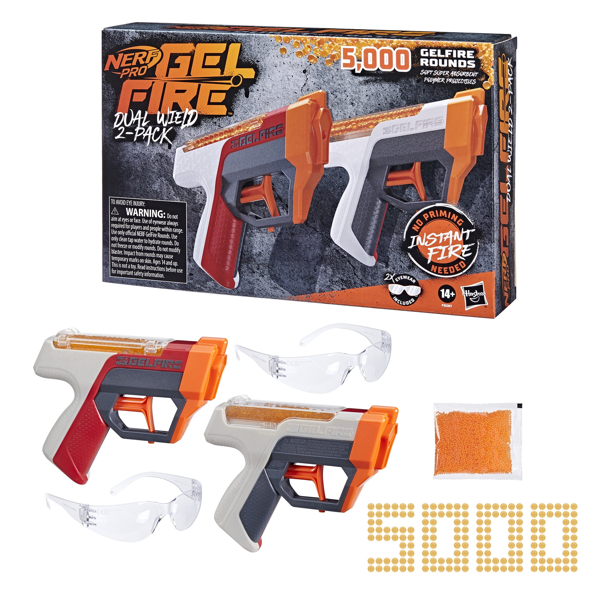 NERF Pro Gelfire Dual Wield Pack, 2 Blasters, No-Prime Firing, 5000 Gelfire  Rounds, 2X 100 Round Integrated Hoppers, 2 Eyewear, Ages 14 & Up