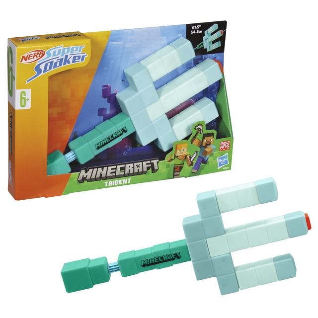 Nerf Super Soaker Minecraft Trident Water Blaster, Pull Back Plunger Handle, Outdoor Water Toys