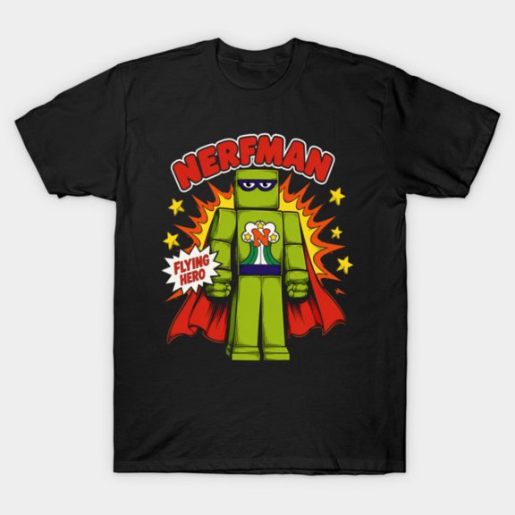 Nerfman Flying Hero Humorous Retro Foam Blaster Action Figure Parody Unisex T-Shirt, up to size 3XL.
