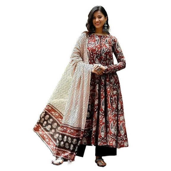 Nermosa Women Printed Anarkali Kurta and Pant Set with Dupatta - Indian Ethnic Traditional Wear Anarkali Kurta Set