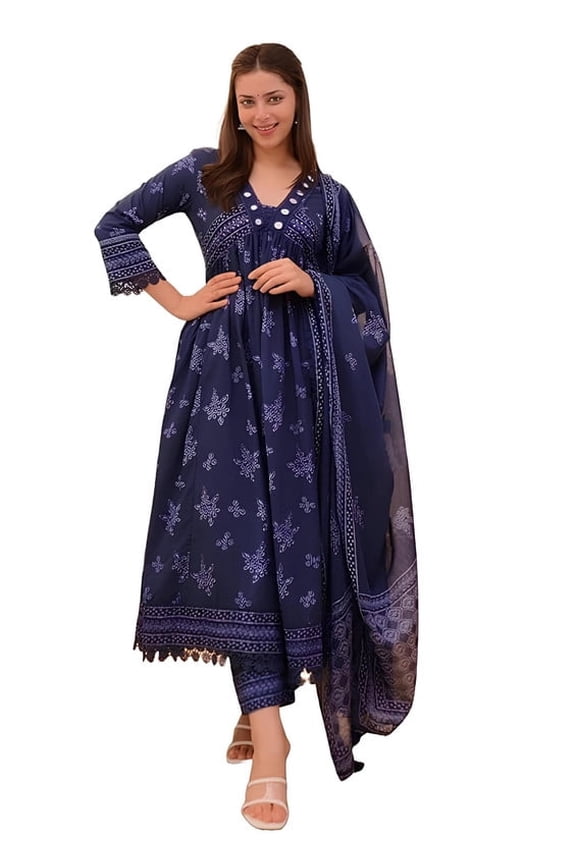 Women Printed Anarkali Kurta and Pant Set with Dupatta - Indian Ethnic Traditional Wear Anarkali Kurta Set