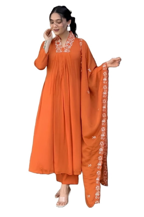 Women Solid Embroidery Kurta and Pant Set with Dupatta - Indian Ethnic Traditional Wear Kurta Set