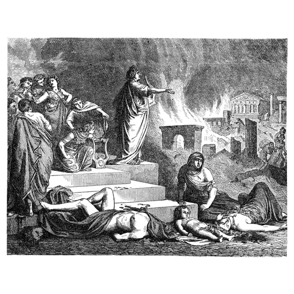Nero (37-68 A.D.). /Nroman Emperor, 54-68 A.D. Nero Playing His Lyre At The Burning Of Rome In 64 A.D. Wood Engraving, 19Th Century. Poster Print by (18 x 24)