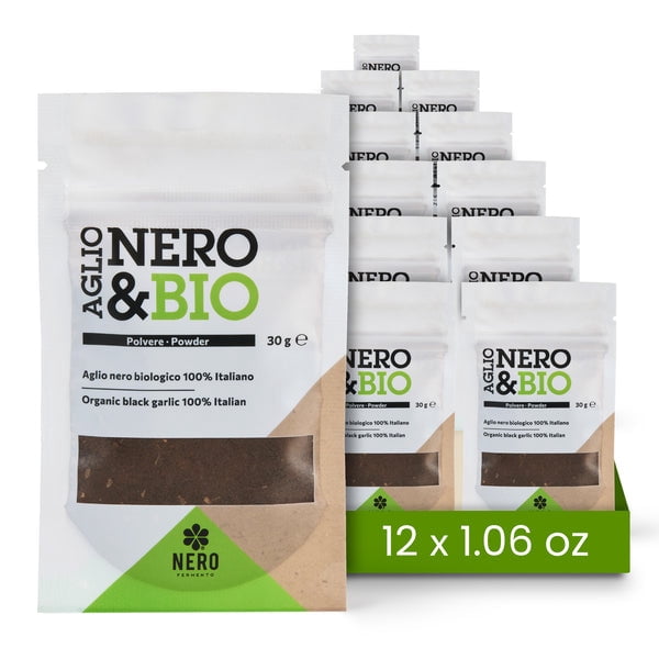 Nero Fermento Organic Black Garlic Powder, 30gr – Produced by Natural Fermentation of “Voghiera Garlic” bulbs. Vegan (Pack of 12)