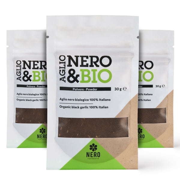 Nero Fermento Organic Black Garlic Powder, 30gr – Produced by Natural Fermentation of “Voghiera Garlic” bulbs. Vegan (Pack of 3)