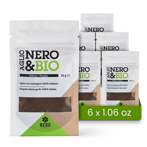 Nero Fermento Organic Black Garlic Powder, 30gr  Produced by Natural Fermentation of Voghiera Garlic bulbs. Vegan (Pack of 6)
