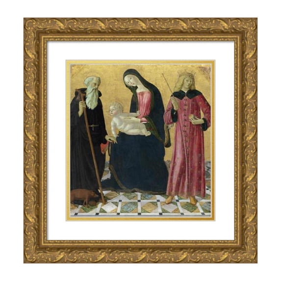 Neroccio De' Landi 12x13 Gold Ornate Wood Frame and Double Matted Museum Art Print Titled - Madonna and Child with Saint Anthony Abbot and Saint Sigismund (C. 1490-1495)