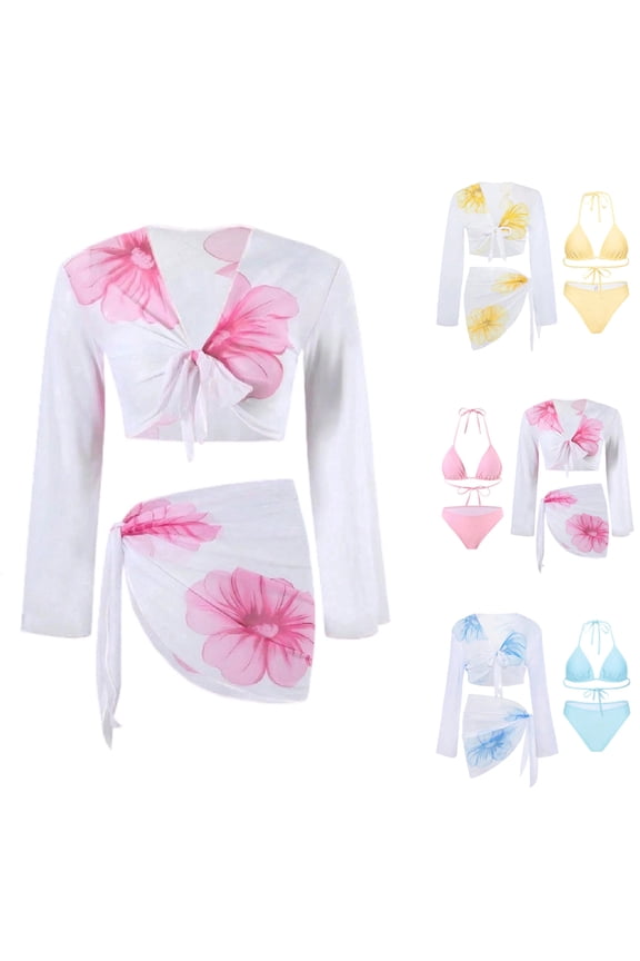 4 Piece Bikini Sets for Women Floral Print Halter Triangle Swimsuit with Cover Up Sets Vacation Beachwear,Yellow,M