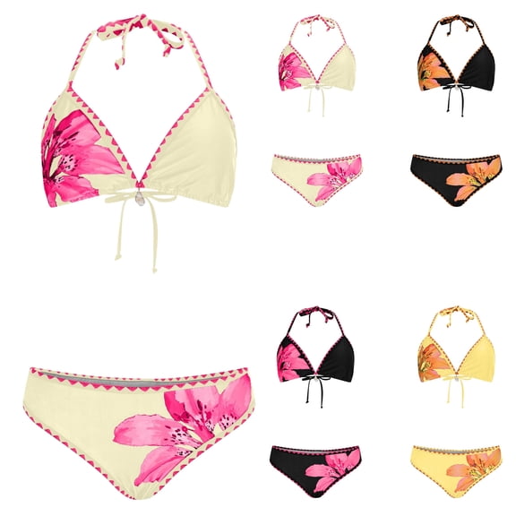 Nerohusy Bikini Sets for Women Halter Triangle Thong Floral Print Swimsuits 2 Pieces Color Block Bathing Suit,Pink,S