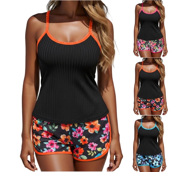 Nerohusy Women's Plus Size Two-Piece Bathing Suit Sleeveless Tank with Print Shorts High Waisted Tummy Control Lightweight Beach Swimwear Set,Blue,M