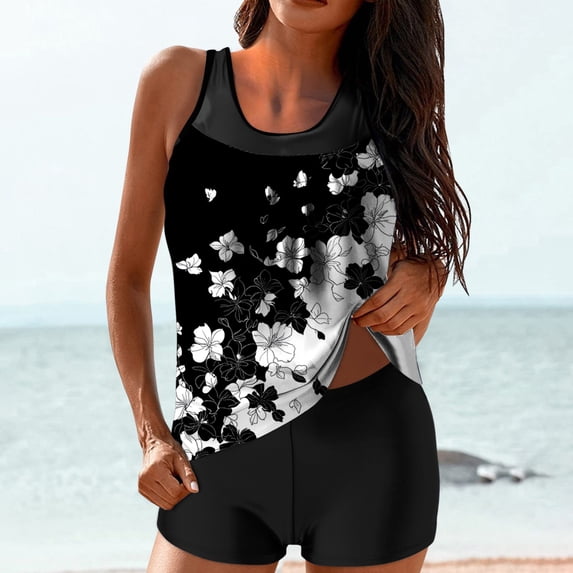 Nerohusy Womens 2 Piece Tankini Swimsuits Sets Sleeveless Tank Tops with Shorts Bathing Suit Floral Print Hawaiian Beach Swimwear Set,Multicolor,XXL