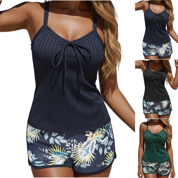 Nerohusy Womens Plus Size Two Piece Tankini Swimsuits Sleeveless Top with Boho Printed Shorts Casual Beach Bathing Suits,Black,XL