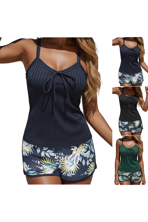Womens Plus Size Two Piece Tankini Swimsuits Sleeveless Top with Boho Printed Shorts Casual Beach Bathing Suits,Green,XL
