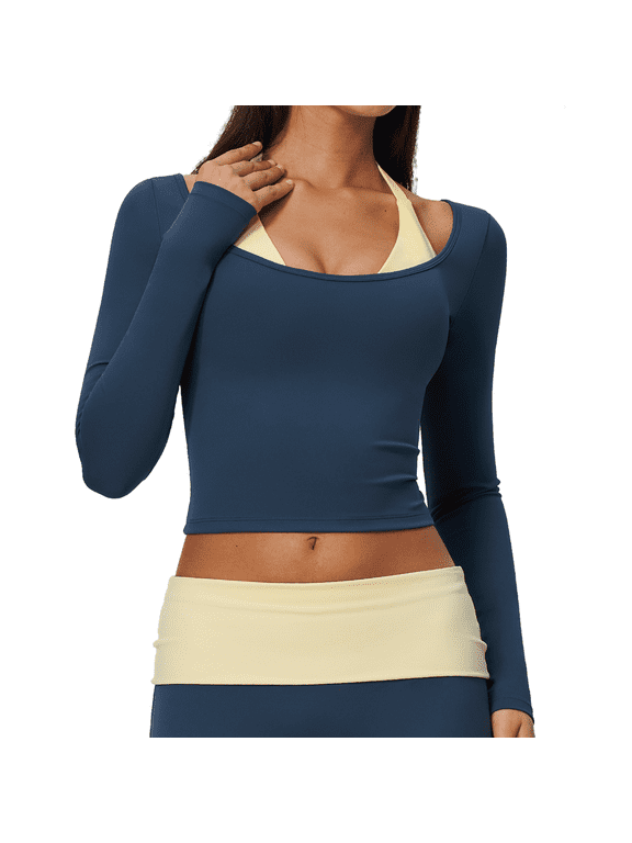 Women's Crop Top with Built-In Bra, Long Sleeve Scoop Neck, Nylon-Spandex S-XL
