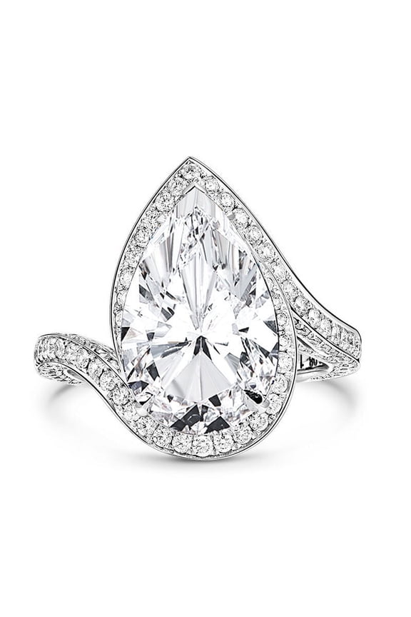 3 Ct Pear Cut Lab Created Simulated Diamond - 14K White Gold Plated Ring - Sweeping Engagement Bypass Ring For Women's - Halo Wedding Anniversary Gift Ring For Her - Engraved Ring for Her