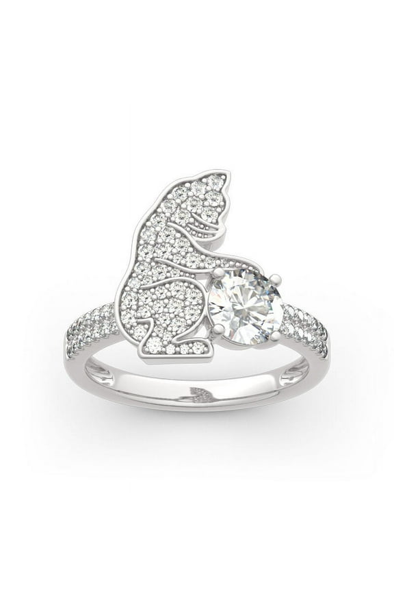 Lab Created Round Cut 1.2 Ct Diamond Rings for Women's - Bypass Diamond Cute Cat Rings for Animal Lover - 14K White Gold Plated Rings - Kitty Cat Rings - Best Silver Gift for Cat Lovers