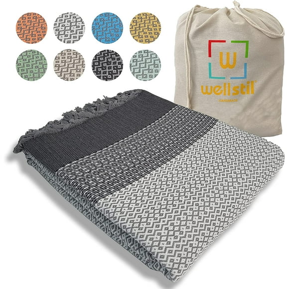 Nerthus | Turkish Cotton Blanket • King Size Vintage Throw Blankets for Sofa, Couch, Farmhouse and Home Decor • Boho Woven Bedspread • Cozy Breathable Bed Blanket 80x100 inches (Gray)