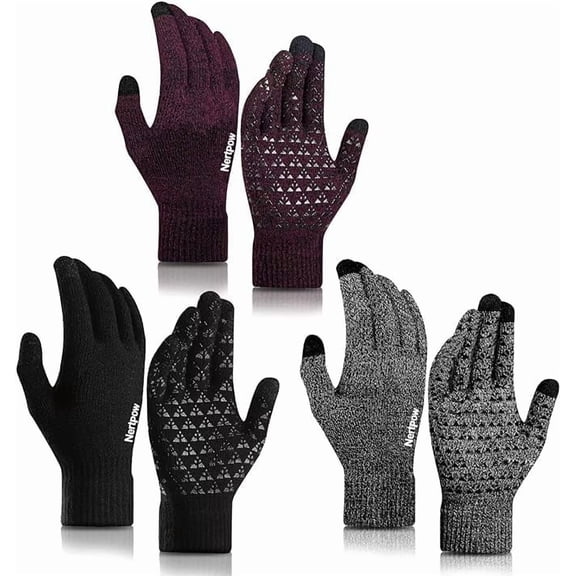 Nertpow Winter Touchscreen Gloves 3 Packs for Men Women, Touch Screen Texting Warm Gloves Knit Anti-slip Warm Fleece Lined