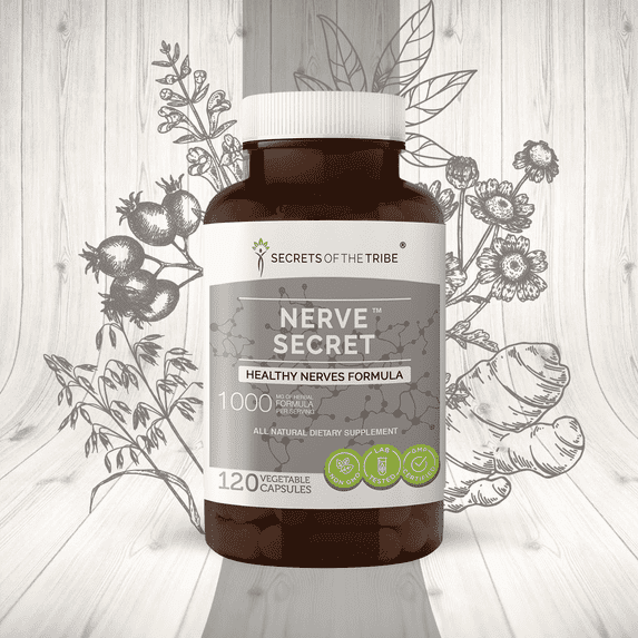 Secrets of the Tribe Nerve Secret Capsules Dietary Supplement, Natural Herb Blend, Made from Turmeric, Feverfew, Passionflower, Hawthorn, Oatstraw, Skullcap 120 Count