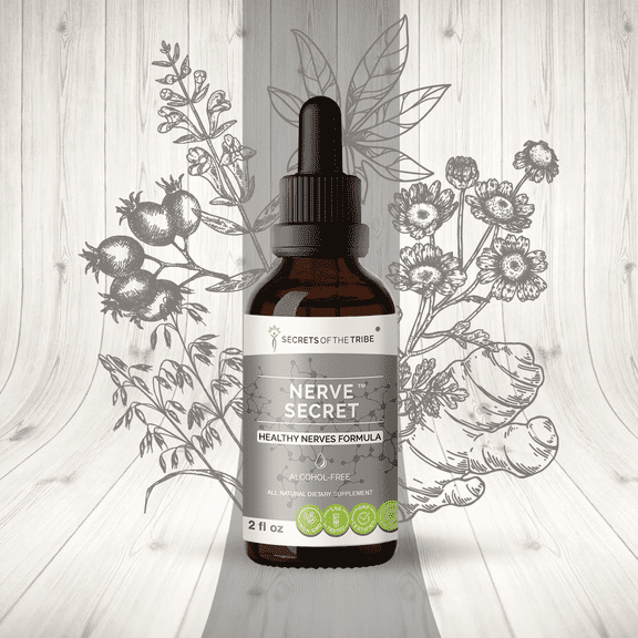 Secrets Of The Tribe Nerve Secret Blend Tincture Dietary Supplement, Natural Extract, Made from Turmeric, Feverfew, Passionflower, Hawthorn, Skullcap 2 oz