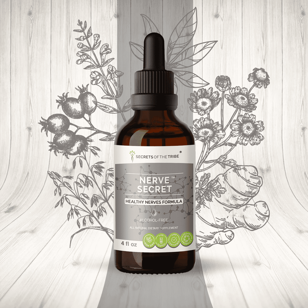 Secrets Of The Tribe Nerve Secret Blend Tincture Dietary Supplement, Natural Extract, Made from Turmeric, Feverfew, Passionflower, Hawthorn, Skullcap 4 oz