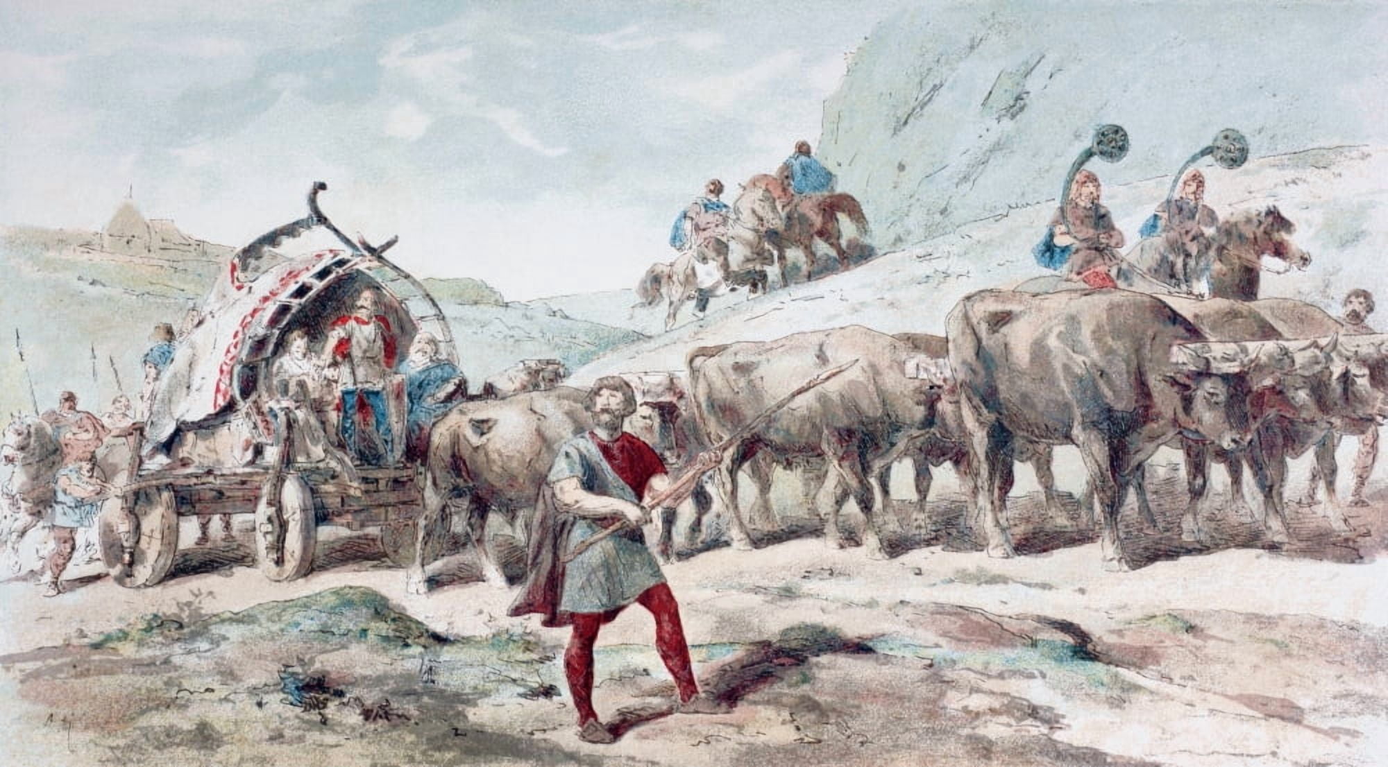 Nervian Cart Drawn By Oxen After A Watercolour By A Heins From Cortege Historique Des Moyens De Transport Published Brussels 1886 Canvas Art - Ken Welsh Design Pics (38 x 20)