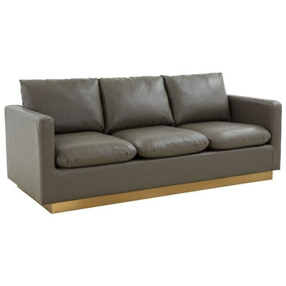 Nervo Modern Mid-Century Upholstered Leather Sofa with Gold Frame, Grey