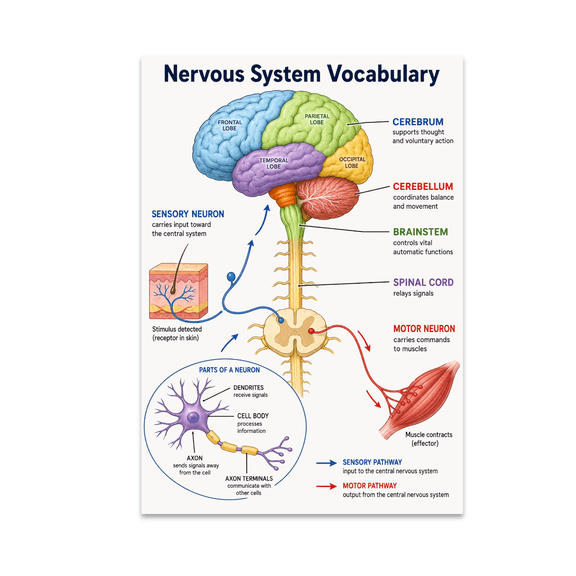 Nervous System Vocabulary - Science Classroom Decor, 13 x 19 in Glossy Unframed Wall Poster, Vertical