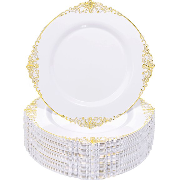 Nervure 100PCS White and Gold Plastic AFN1Plates - 10.25Inch Gold Disposable Plates - Heavyweight Dinner Plates for Wedding & Party & Father's Day
