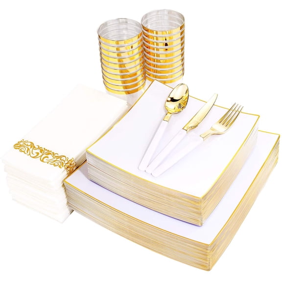 Nervure 140Pcs White Square Plastic Plates AFN1with Gold Gold Disposable Plate Includes: 40 plates, 60 Gold Silverware with White Handle, 20 Cups, 20 Napkins for Christmas & Party & Father's Day