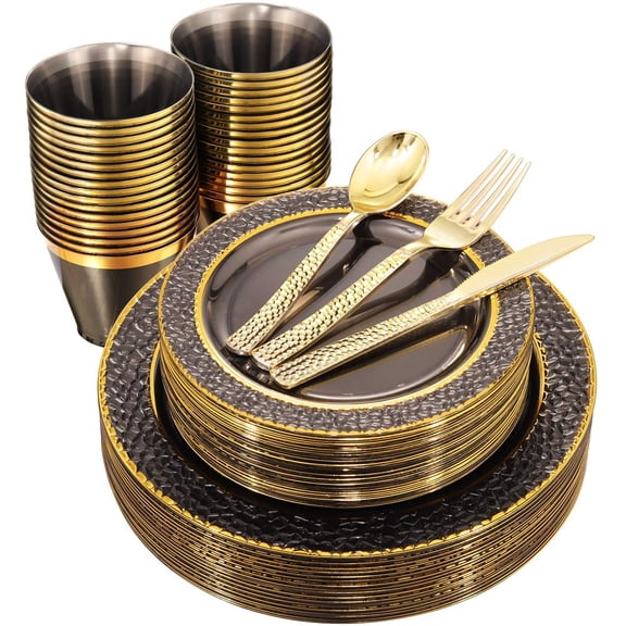 Nervure 150PCS Clear Black Plastic Plates AFN1- Gold Party Plates - Black and Gold Dinnerware Set Include: 50 Plate, 25Cups, 25Forks, 25Knives, 25Spoons for New Year & Party & Father's Day