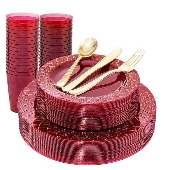Nervure 150PCS Clear Red Plastic Plates AFN1with Gold Rim - Red Party Plate - Disposable Gold Plate Include: 50Plates, 25Knives, 25Forks, 25Spoons, 25Cups for Wedding & Party & Mother's Day