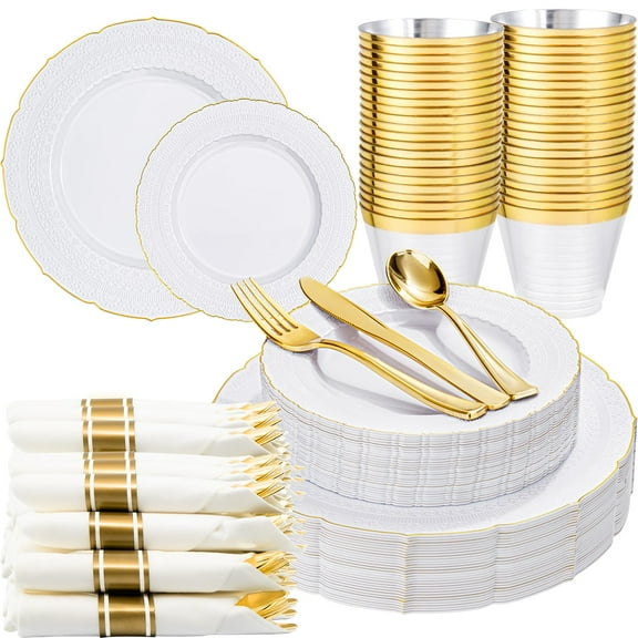 Nervure 175PCS Gold Plastic Plates - AFN1White Gold Disposable for 25 Guests - 50 Disposable Plates, 25 Pre Rolled Napkins with Cutlery Set, 25 Cups Perfect for Wedding & Party & Father's Day