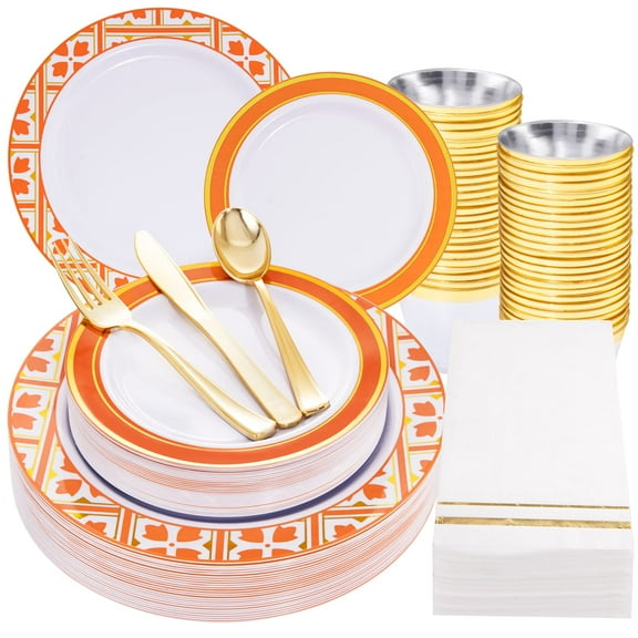 Nervure 175PCS Orange Plastic Party Pack AFN1- 25 Dinner Plates, 25 Dessert Plates, 25 Cups, 25 Forks, 25 Knives, 25 Spoons, 25 Napkins for Thanksgiving