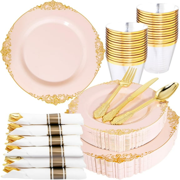 Nervure 175PCS Pink Plastic Plates - Disposable Pink Gold Party Plates & Pre Rolled Napkins with Cutlery for 25 Guests, 50Plates, 75Silverware, 25Cups, 25Napkin for Wedding & Party Y101