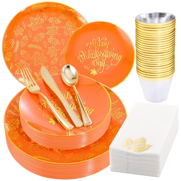 Nervure 175PCS Thanksgiving Plates - Orange AFN1and Gold Disposable Plates Include 25Dinner Plate, 25Dessert Plate, 25Cups, 25Knives, 25Forks, 25Spoons, 25 Fall Napkins for Thanksgiving Day