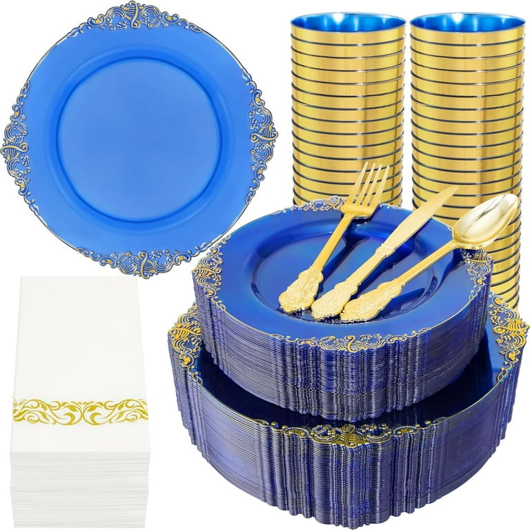 Nervure 350PCS Blue Plastic Plates Blue Plastic Dinnerware Sets