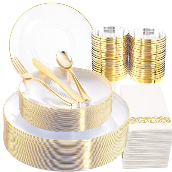 Nervure 350PCS Clear and Gold Plastic AFN1Plates - Gold Disposable Dinnerware Sets - Plastic Silverware - 100Plates, 150Plastic Cutlery, 50 Cups and 50 Napkins for Wedding & Party & Christmas