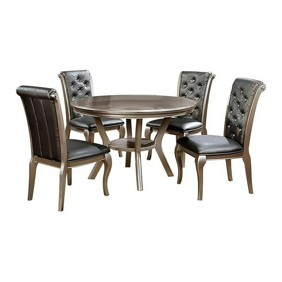 Nery 5pc Dining Table and Chair Set, 48 Inch Round, Gray Faux Leather
