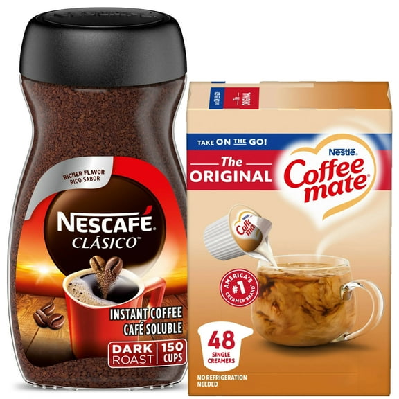 Nescaf Clasico Dark Roast Instant Coffee, 10.5 oz with Nestle Coffee Mate, The Original Liquid Coffee Creamer Singles, 9 fl oz, 48 Count