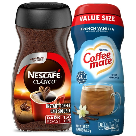 Nescaf Clasico Dark Roast Instant Coffee, 10.5 oz with Nestle Coffee mate French Vanilla Powder Coffee Creamer, 30 oz