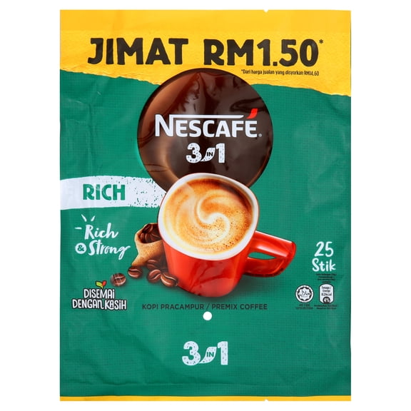 Nescafe 3 in 1 Stronger taste than Original Nescafe 3 in 1 Rich Instant Coffee Lebih Kaw Premix Coffee Serve in Cold or Hot 25 Sticks / 25 Serving