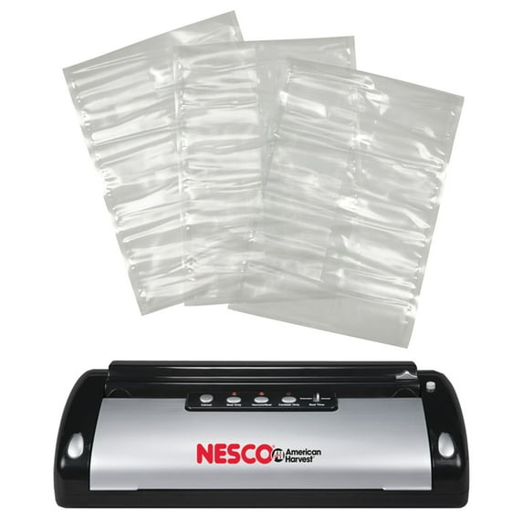 Nesco VS‑02 Vacuum Sealer Machine, Value Pack With 50 Bags, Automatic Compact Food Sealer With One‑Touch Sealing, Seal‑Only Mode, Includes (50) 11 in x 16 in Pre-Cut Bags, For Freezer Storage & Leftovers