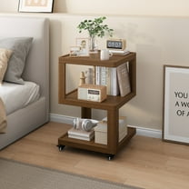 NESLIME Bamboo Two-Tier Rolling Side Table with Wheels, Mobile Storage Stand for Home, Walnut