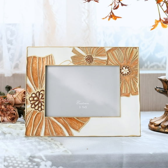 Tabletop Retro Floral 4x6 Rectangular Picture Frame – Enamel-Look Resin Frame with Burnt Orange Blossoms for Home Decor & Gift