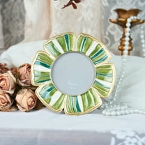 Tabletop Floral Round Picture Frame – 3x3 Inch Green & Gold Decorative Metal Photo Frame – Vintage-Inspired Flower Design for Home Décor or Gift