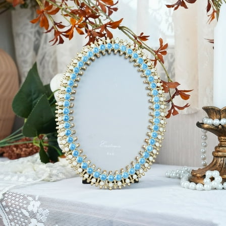 Vintage 3.5x5 Oval Picture Frame with Blue Gem Accents – 4x6 Inch Decorative Gold Metal Photo Frame – Elegant European Style Tabletop Frame for Home Décor or Gift