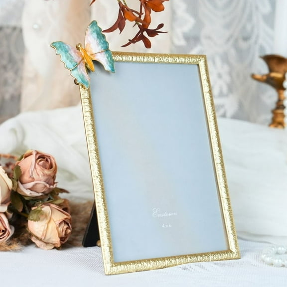 Elegant Gold Picture Frame with Enamel Butterfly Accent – 4x6 Vertical Photo Frame for Tabletop Display