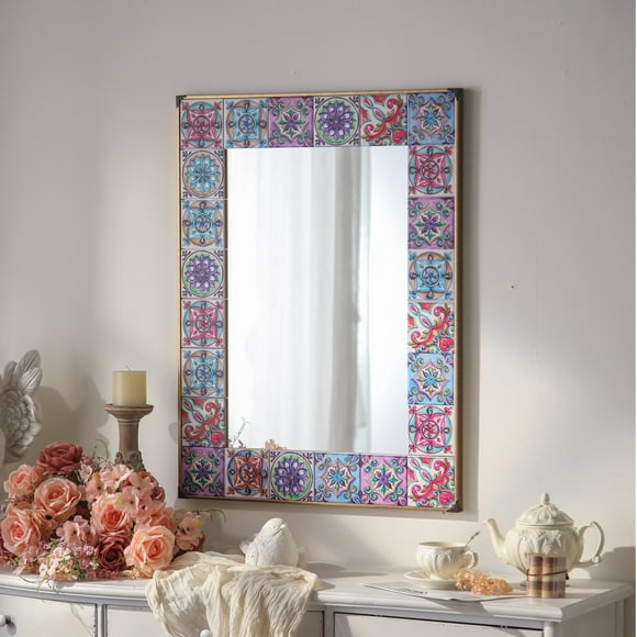 Colorful Ceramic Tile Mirror, Handcrafted Wall Mirror with Vintage-Inspired Tile Frame, Boho Bathroom or Entryway Décor