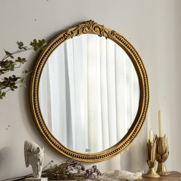 Vintage Round 35"x35" Wall Mirror with Ornate Gold Frame – European Baroque Style Decorative Mirror for Entryway, Living Room or Bedroom – Classic Wall Decor Accent